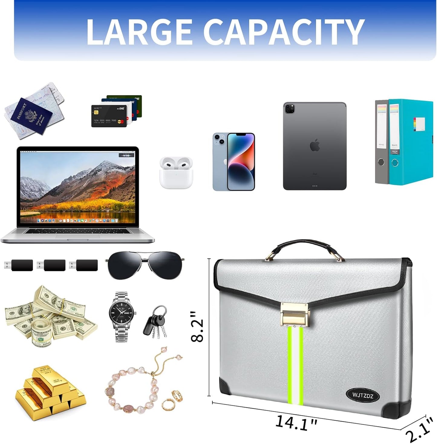 6500°F Large Capacity Upgraded Fireproof Money Bag with Lock,10 Layers of Heat Insulated Materials with Waterproof Zipper/Reflective Strip with Handle for Cash/Important Documents