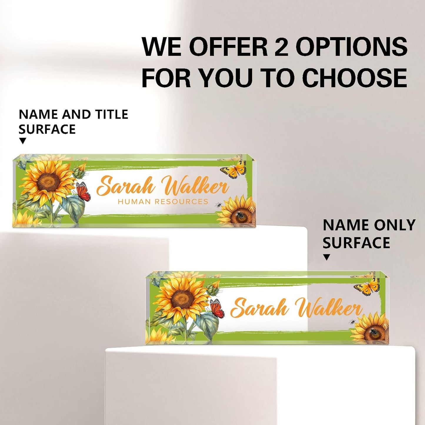 Name Plate for Desk, Desk Name Plate Personalized, Office Decor for Women Men, Acrylic Desktop Accessories, Office Appreciation Gifts for Boss Social Workers Nurse Teacher Employee (Sunflowers)