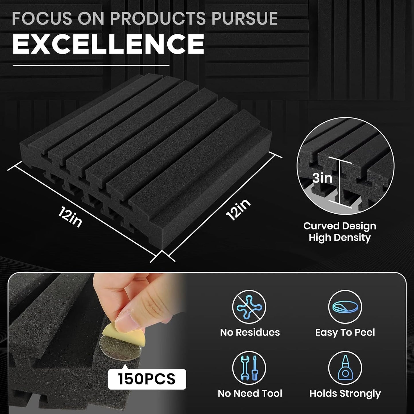 18 Pack Curved Acoustic Foam Panels 3" x 12" x 12" Sound Proof Foam Panels Soundproofing Noise Cancelling Wedge Panels for Home Office Recoding Studio with 150 PCS Double-Side Adhesive