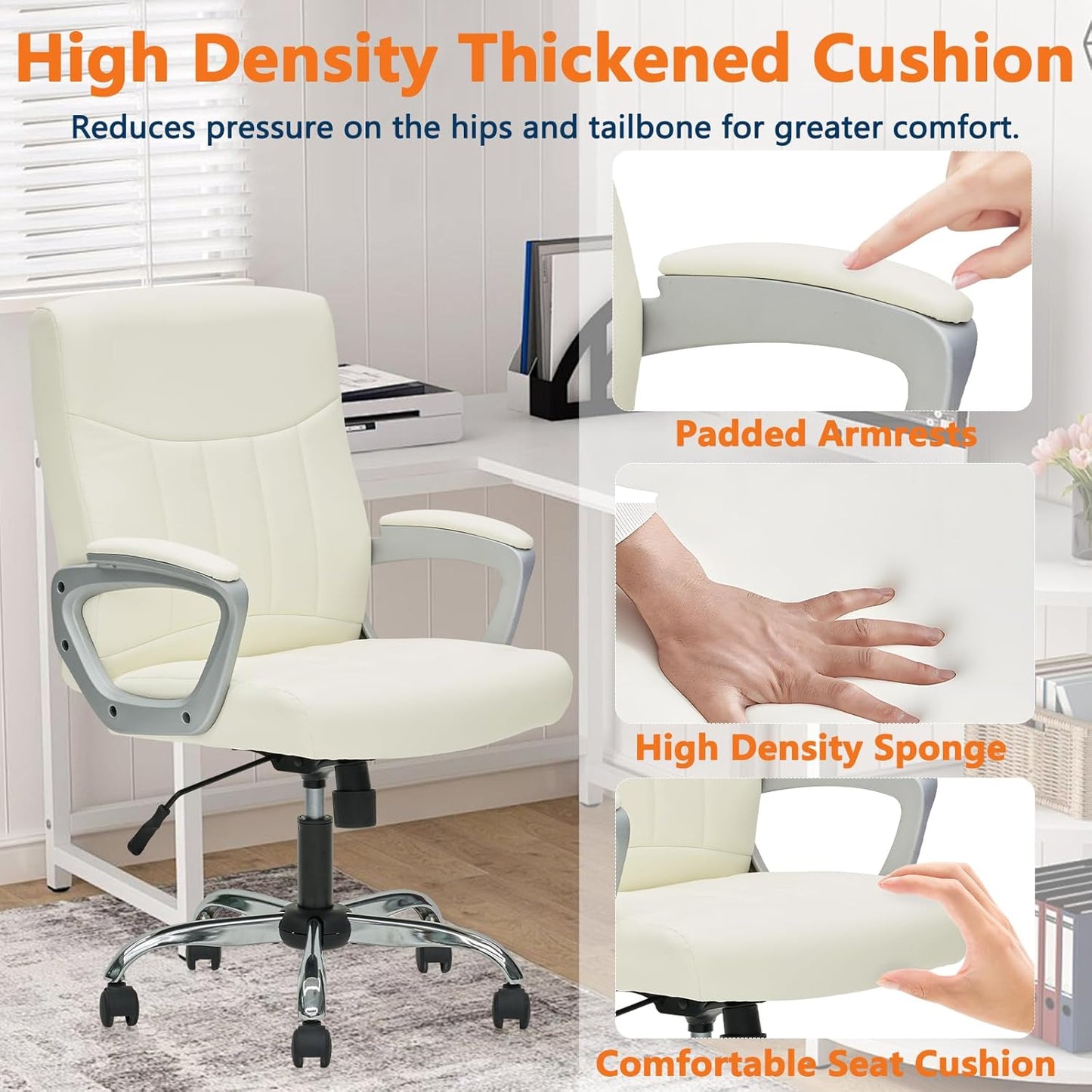 CLATINA Office Computer Desk Chair Executive Mid Back Chair Comfortable Ergonomic Managerial Chair Adjustable PU Leather Home Office Desk Chair Swivel, White 4PK