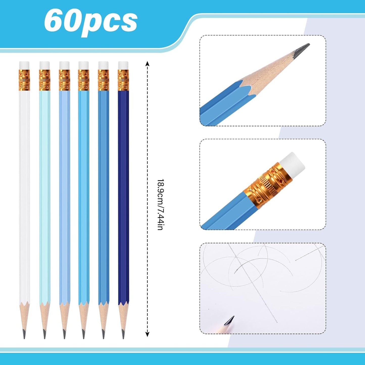 TecUnite 60 Pcs HB Pencils #2 Unsharpened Wood Cased Pencils with Eraser Hexagonal Pencil Cute Graphite No 2 Pen for Adults Gifts Exam School Office Sketching Learning(Blue Green Series, Gold)
