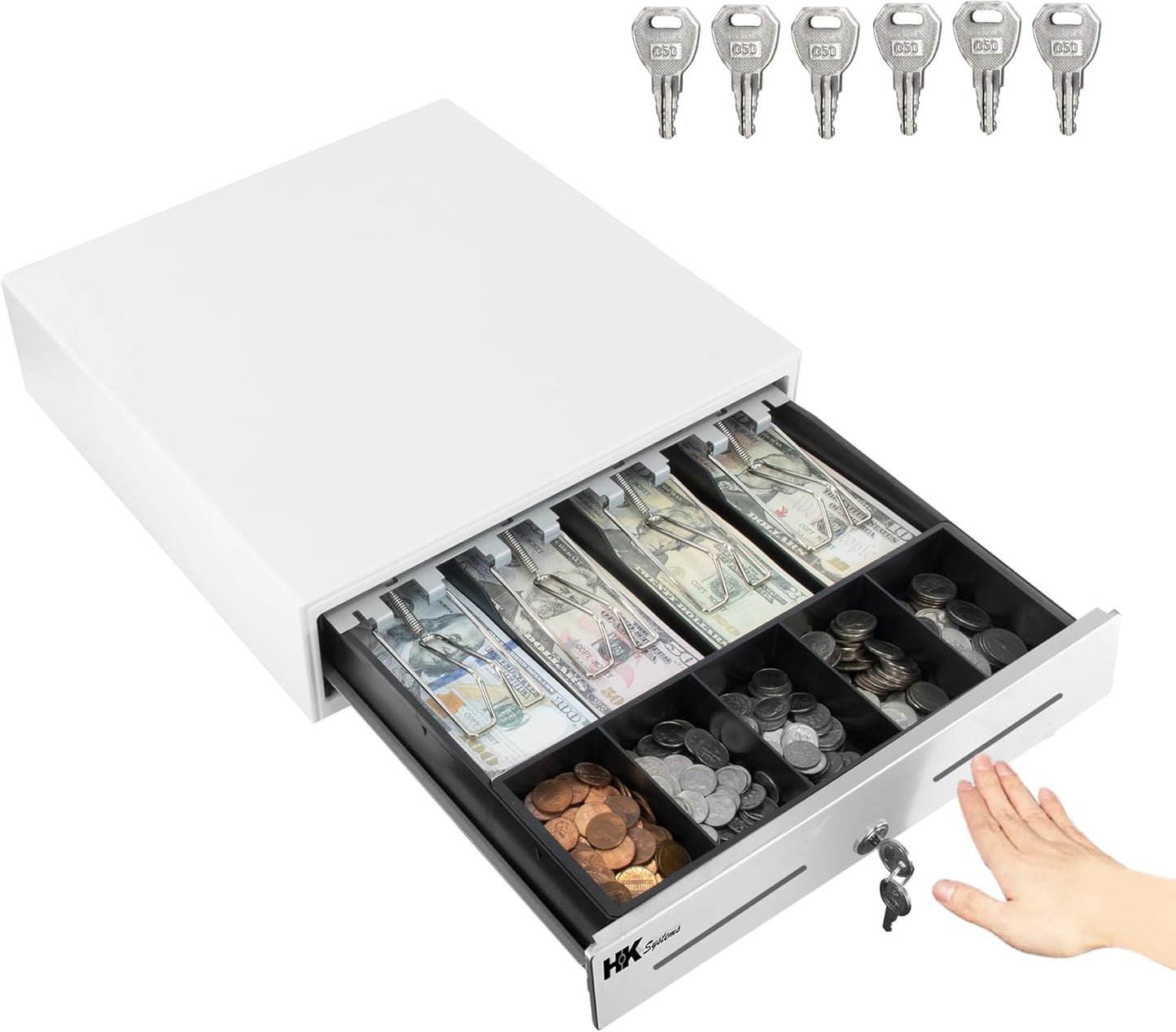 HK SYSTEMS 13inch Heavy Duty Manual Push-Open Cash Drawer with 4Bill/5Coin, Removable Till, "Stainless Steel Front" with Single Large Media Slot,White