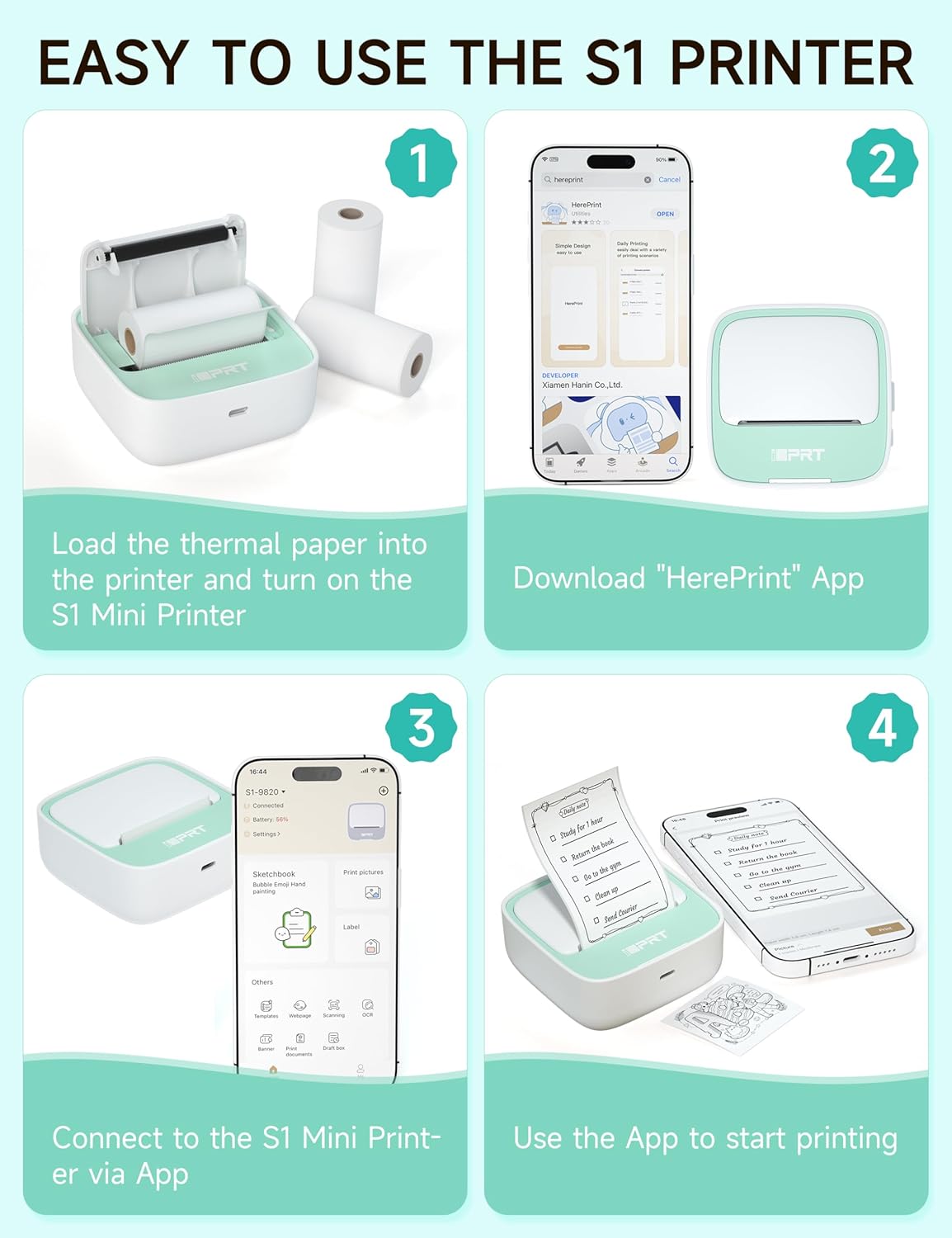 iDPRT Portable Sticker Maker Machine with 1 Roll Sticker Paper, Mini Printer Efficiently and Quickly, Thermal Printer for Study Notes, Pictures, DIY, Label, Free App with Multiple Templates, Green
