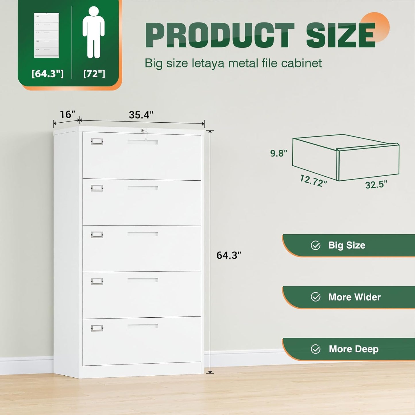 Letaya Lateral 5 Drawer File Cabinet with Lock,Metal Wide White Filing Cabinets for Home Office Storage A4/F4/Letter/Legal(Assembly Required)