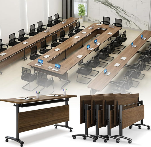 Folding Conference Room Table, Modern Conference Tables with Wheels, Large Rectangular Mobile Training Tables for Office Classroom, Foldable Modular Boardroom Seminar Table Walnut (4pack L55.1in)