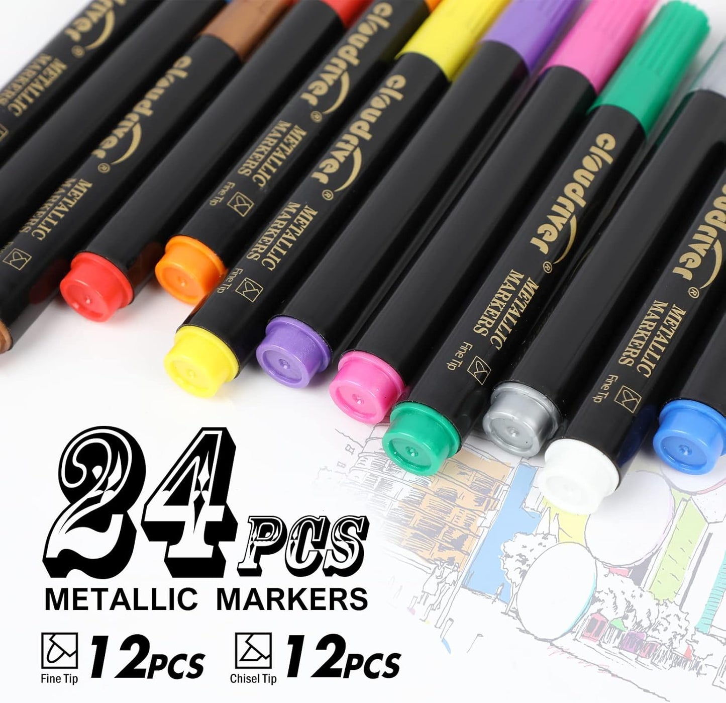cloudriver Metallic Markers, 24 Count, 12 Assorted Colors, Fine and Chisel Tip, Metallic Marker Pens For Black Paper, Art Rock Painting, Easter Egg, Card Making, Scrapbook Crafts
