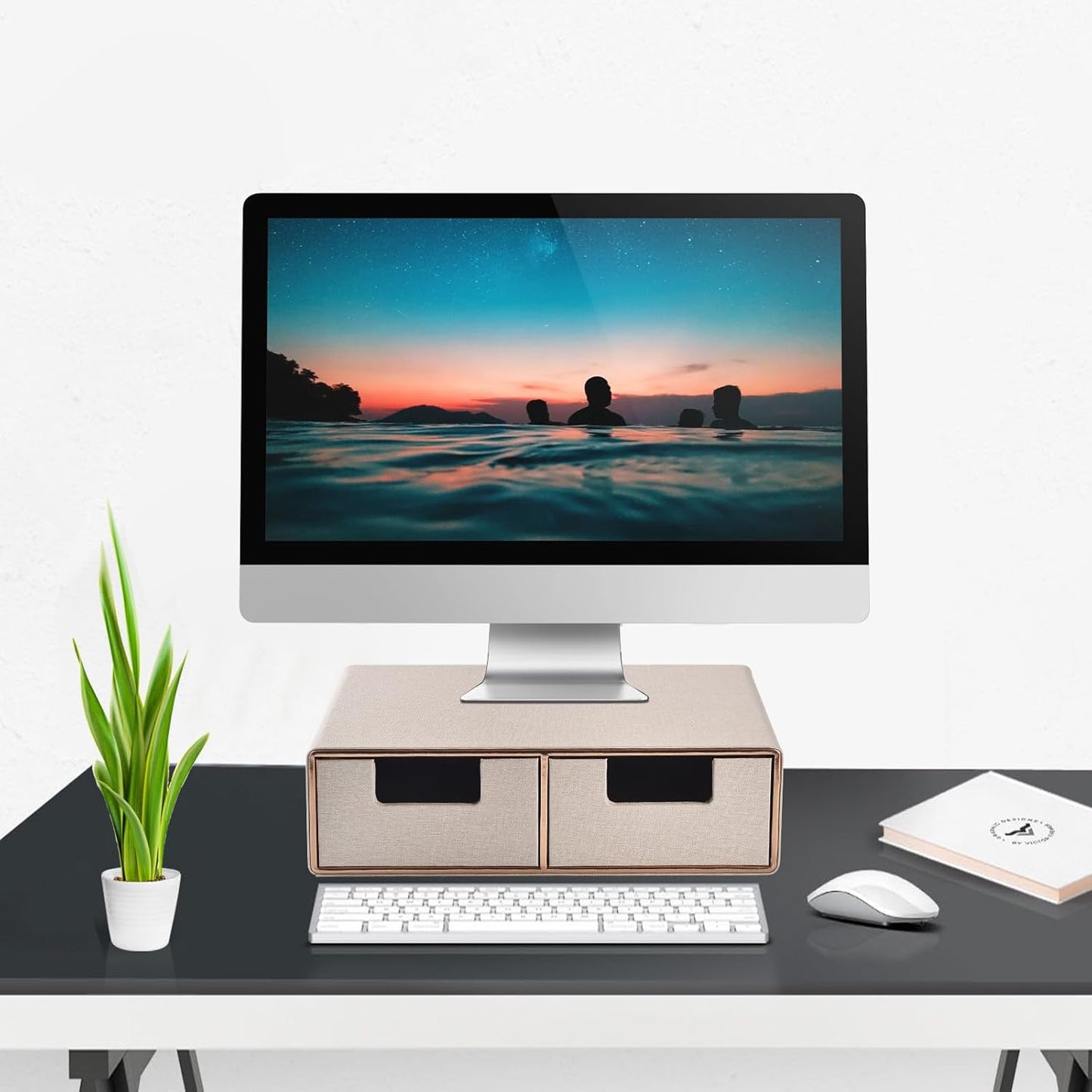 Linen Leather Desk Organizer with Drawers－Mini Desktop Drawer Organizer Stackable－Multifunctional Tabletop Organization Storage Box for Office Supplies Home Vanity Toiletries (Beige, 2-drawers)