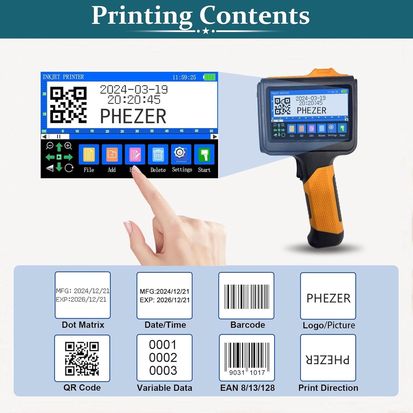 P19 Handheld Inkjet Printer for Any Surface, Portable 360° All-Round Coding Machine Print Height 2-12.7mm for Date/Time/Barcode/QR Code/Logo, with Cartridge(Anti-Slip Handle, Upgrade Version)