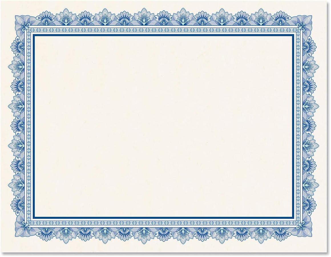 Intricate Blue & White Parchment Certificate Papers - Pack of 100, Laser & Inkjet Printer Compatible, For Office, Business Awards, Graduation, School Diplomas, 8-1/2" x 11" on 60 lb. Text Stock