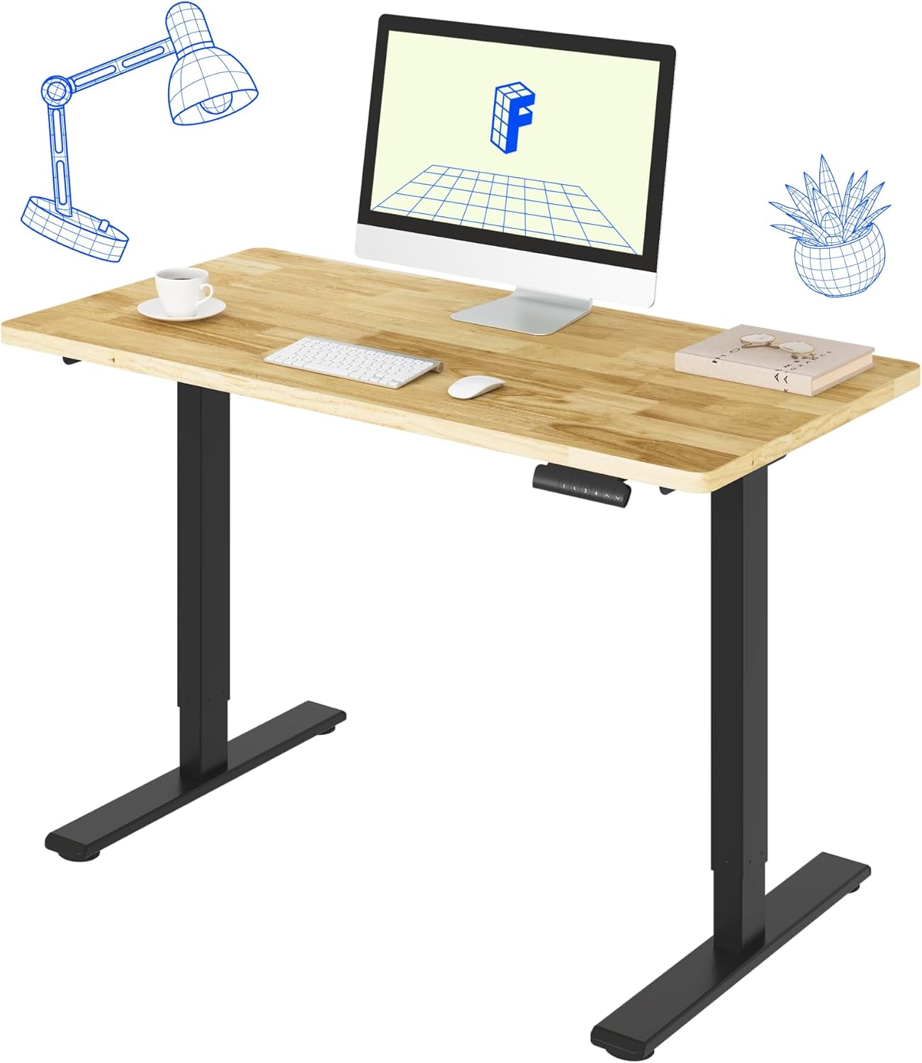 FLEXISPOT E3 Solid Wood Dual Motor Standing Desk 48x24 Inch Whole-Piece Board Electric Height Adjustable Stand Up Desk (Black Frame + Rubber Wood Desktop)