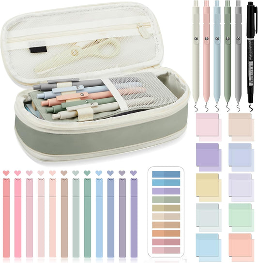 Jutom 39 Pcs Aesthetic Book Annotation Kit Highlighter with Pencil Case Bag Gel Pen Transparent Sticky Note Taking Bible Study College School Supplies(Green,Cute Style)