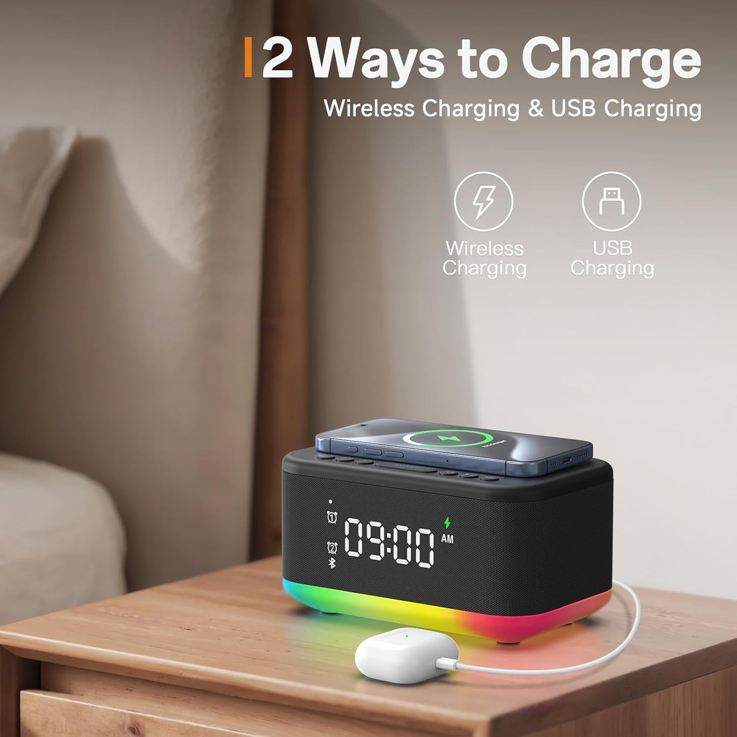 Alarm Clock Speaker Wireless Charger, Digital Alarm Clocks Bedrooms Bluetooth, Alarm Clock Dimmable Light Bedrooms Bluetooth Speaker Dual Alarm Snooze 12/24H Dimmer Support USB AUX, Black