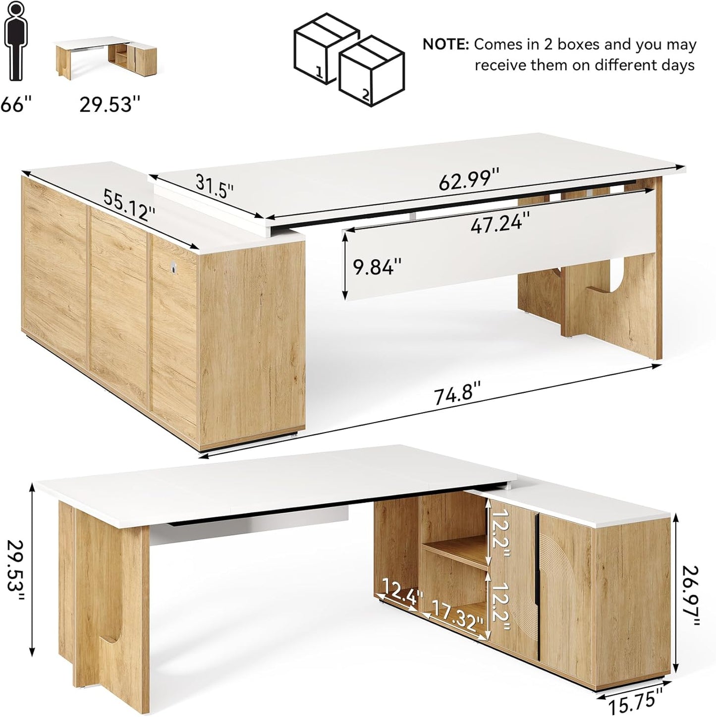 LITTLE TREE 74-Inch Executive L-Shaped Desk with Storage Cabinet & Shelves, Large Home Office Computer Desk, Modern Business Workstation for Professionals (Oak & White)