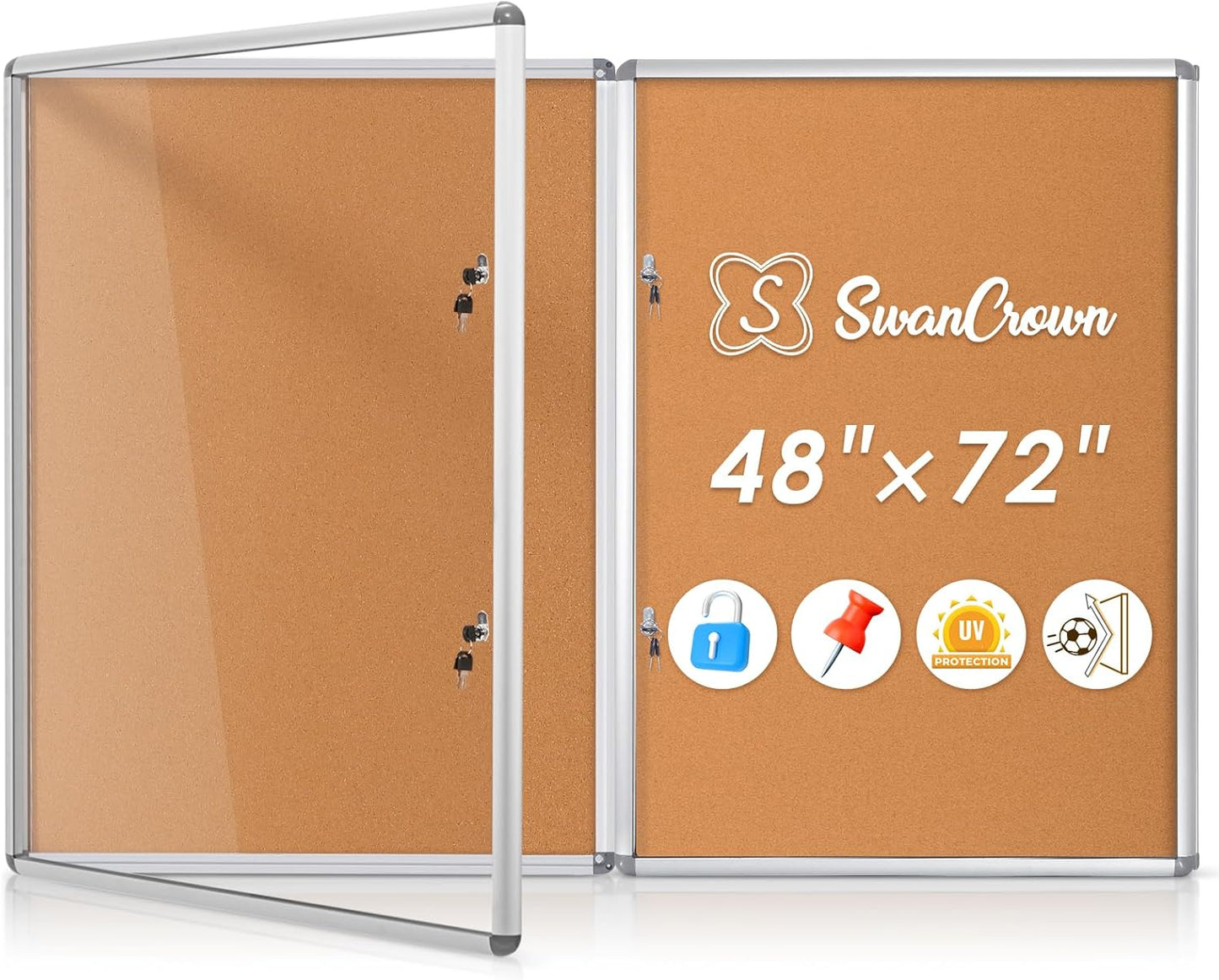 SWANCROWN Enclosed Bulletin Board 48x36 in, Tamperproof Lockable Cork Board Wall Display Case for Office School Home, Aluminum Frame, 2PCS