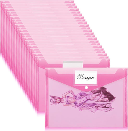Lincia 24 Pcs Plastic Envelopes A4 Size Poly Envelopes File Folders Work Document Holder Office Paper Plastic File Organizer with Label Pocket Snap Button Home Bag for School (Rose Red)