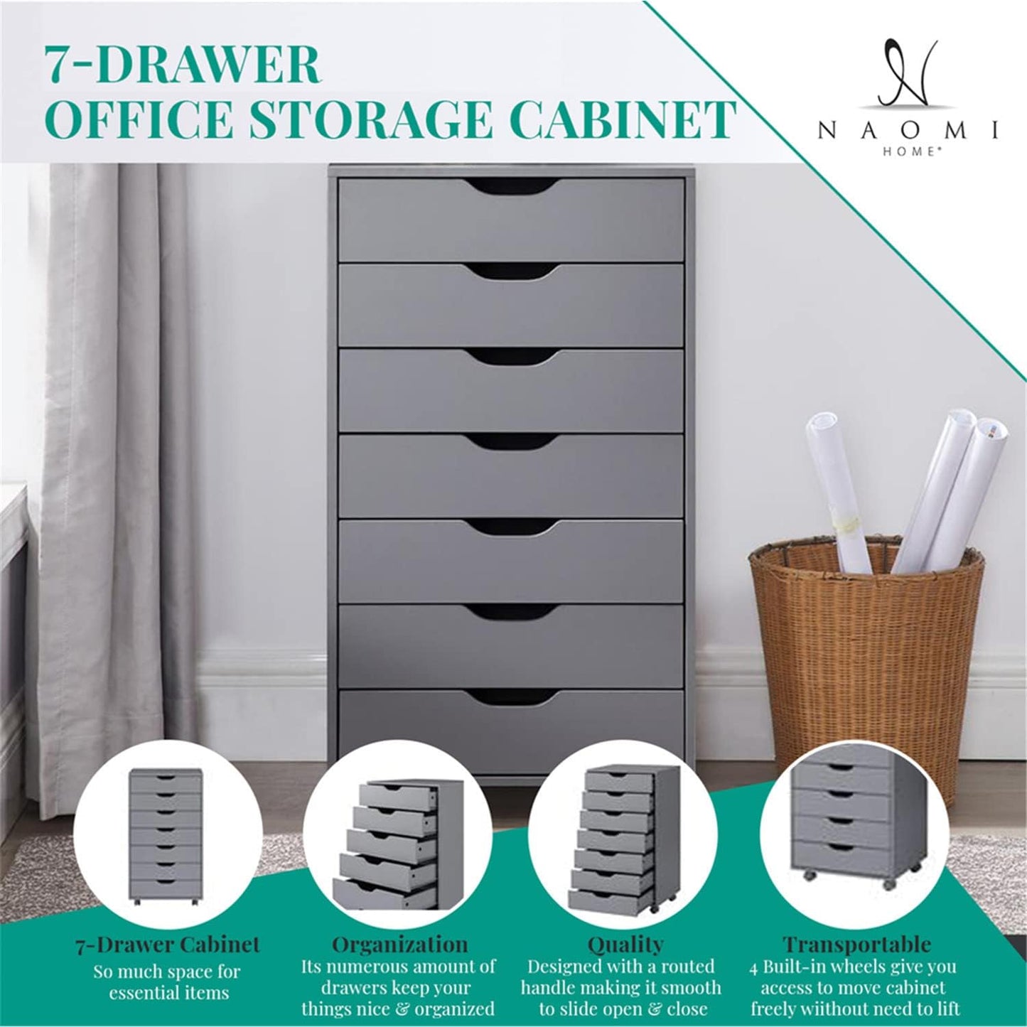Naomi Home Office Wooden File Cabinets for Home Office Lateral Mobile File Cabinet Mobile Storage Cabinet Filing Storage Drawer Gray/7 Drawer