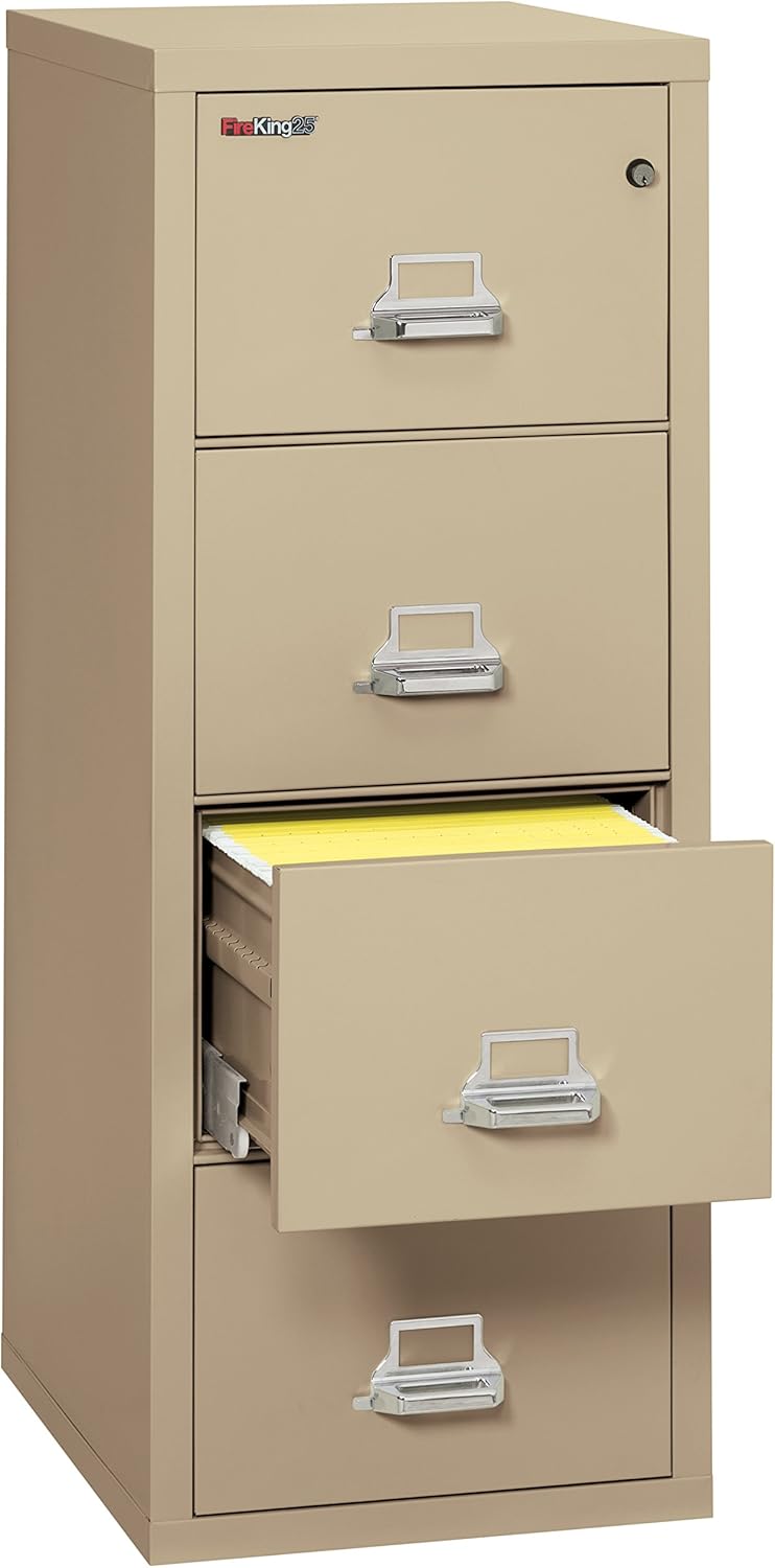 FireKing Fireproof Vertical File Cabinet (4 Letter Sized Drawers, Impact Resistant, Water Resistant), 52.25" H Parchment, 18 W x 25 D, (41825CPA)