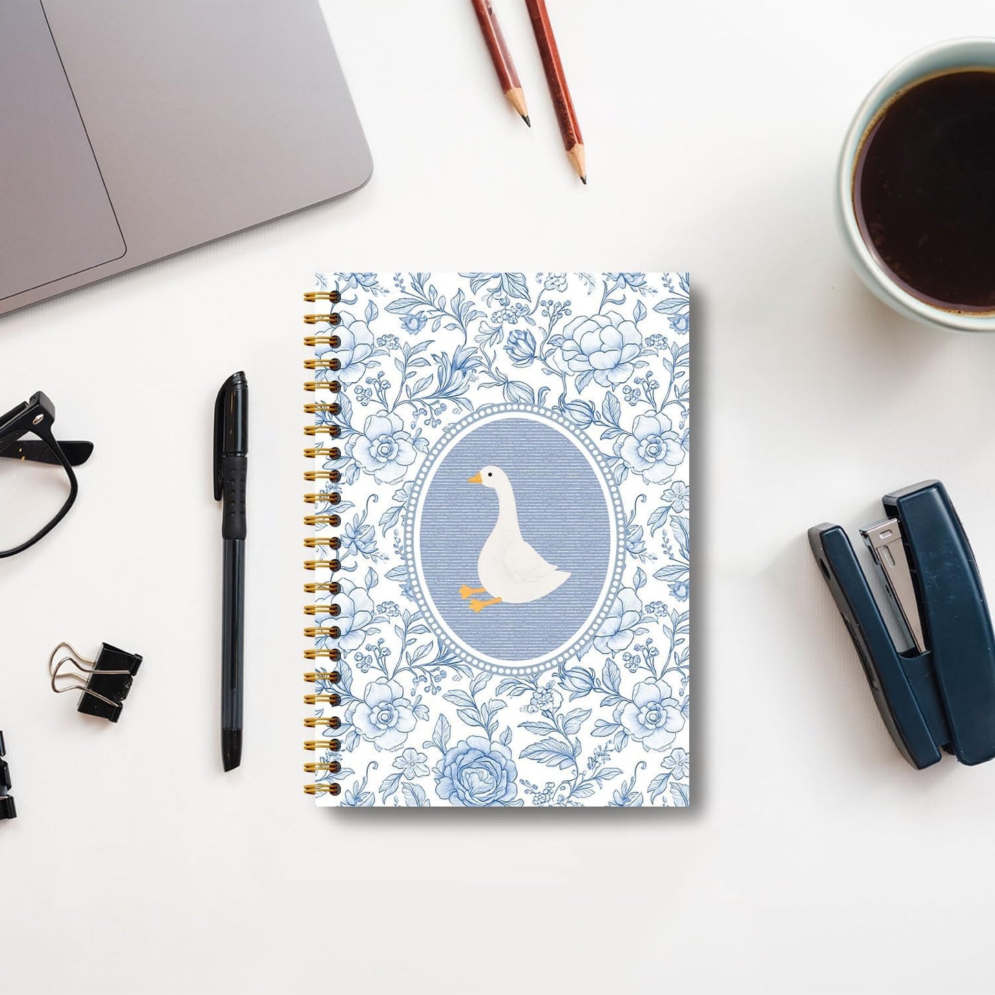 Guymn Blue and White Chinoiserie Goose Notebook, Grandmillennial Floral Goose Journal for Kids Girls, Geese Animal Lover Gifts Hardcover Spiral Notebooks Journals 5.5x8.3 Inch