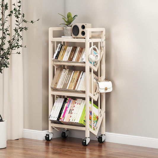 Bookshelf Movable Book Cart Multi-Layer Storage Rack Large-Capacity Rolling Cart L-Shaped Carbon Steel Shelf Suitable for Storing Books, Magazines, Newspapers, Shoes