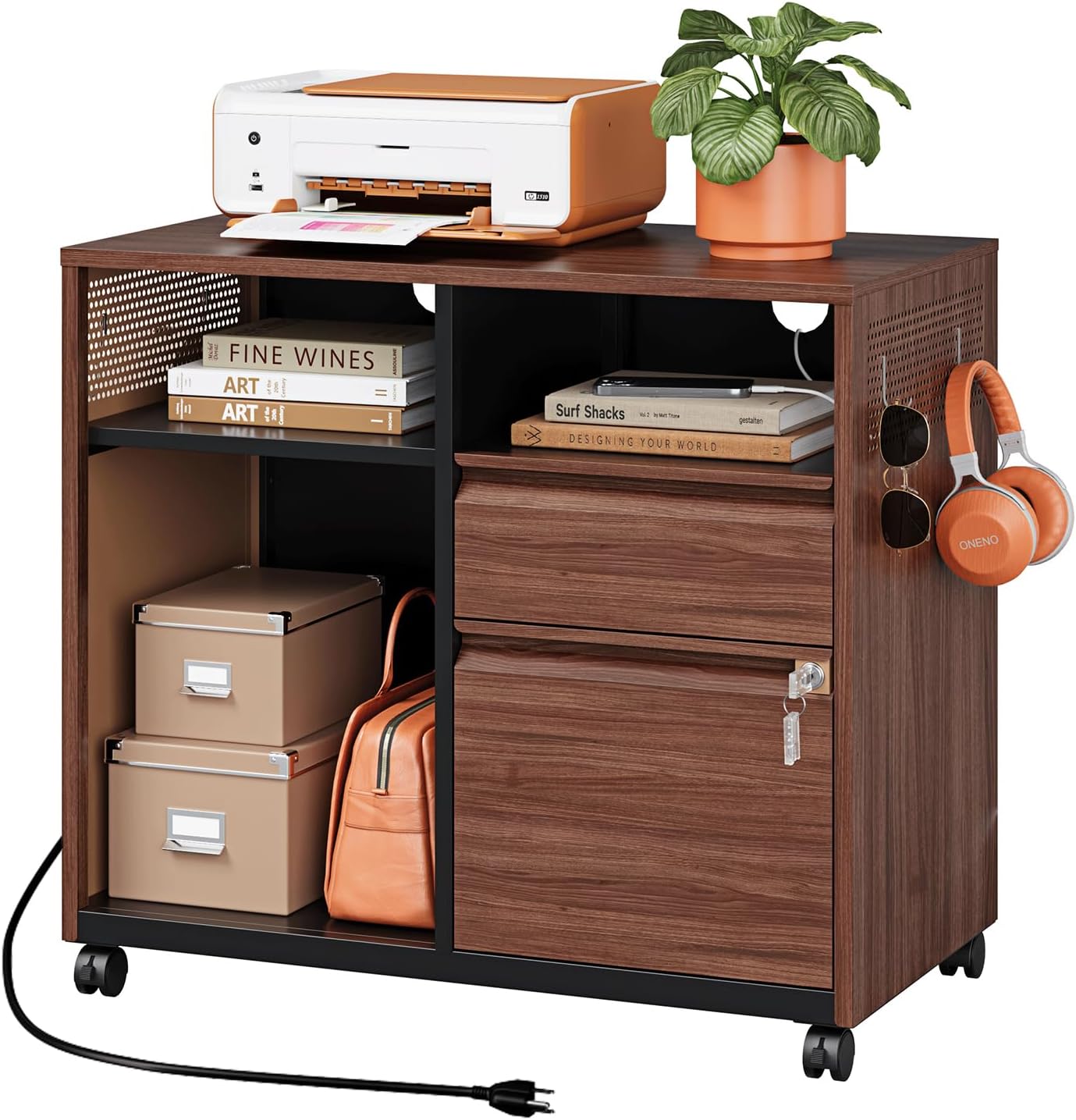 Mobile 2 Drawer File Cabinet,Metal File Cabinet with Lock，Lateral Printer Stand Filling Storage Cabinet for Home Office-A4/F4/Letter(Charging Socket)