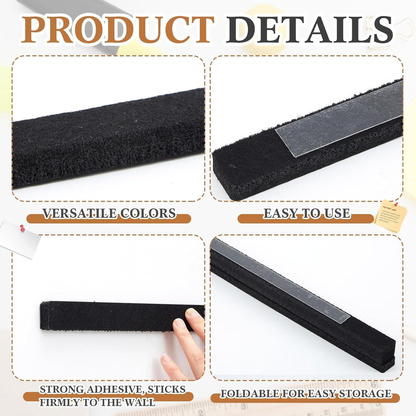 4 Pcs 48" x 1" Foldable Felt Cork Strips Bulletin Bar Strip for Wall Bulletin Board Decoration, Notice Board Self Adhesive Cork Wall Decoration, Paste Note, Photo, Schedules, Office Home Decor