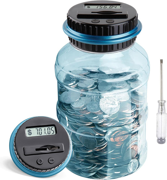 Large Piggy Bank for Boys Adults, Vcertcpl Digital Coin Counting Bank with LCD Counter, 1.8L Capacity Coin Bank Money Jar for Adults, Designed for All US Coins (Blue2)