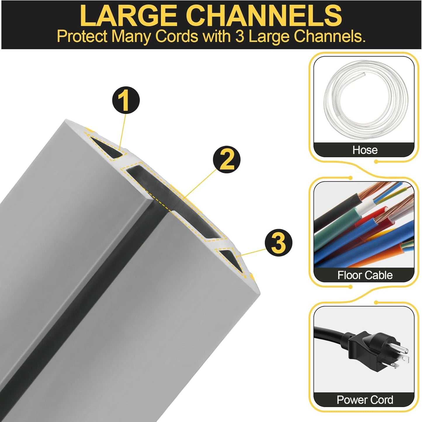 MYFAMIREA 20FT Floor Cord Cover Heavy Duty Cable Cover Protector 3 Channels Extension PVC Floor Wire Cover Outdoor Cord Hider Management Cord Cover for Wire on Floor Home Outdoor (2PCS 10FT, Grey)