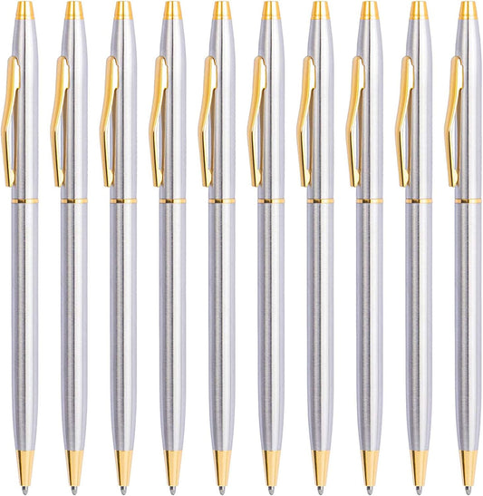 Cambond Black Pens Ballpoint Pens - Fancy Pens Comfortable Writing Gift Mini Conical Sliver Pen Slim Retractable Smooth Writing Bulk 1.0mm Medium Poin, 10 Pack (Silver)