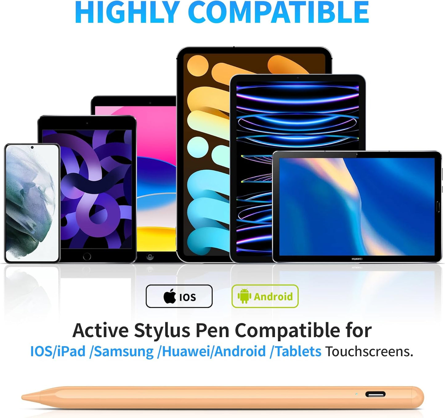 DRYMOKINI Stylus Pen for Touchscreen, Active Stylus Compatible for Android and iOS Tablet/Phones, Rechargeable Universal Stylist Pencil Compatible for A-pple/i-Pad/Phone Tablet, Peach Orange
