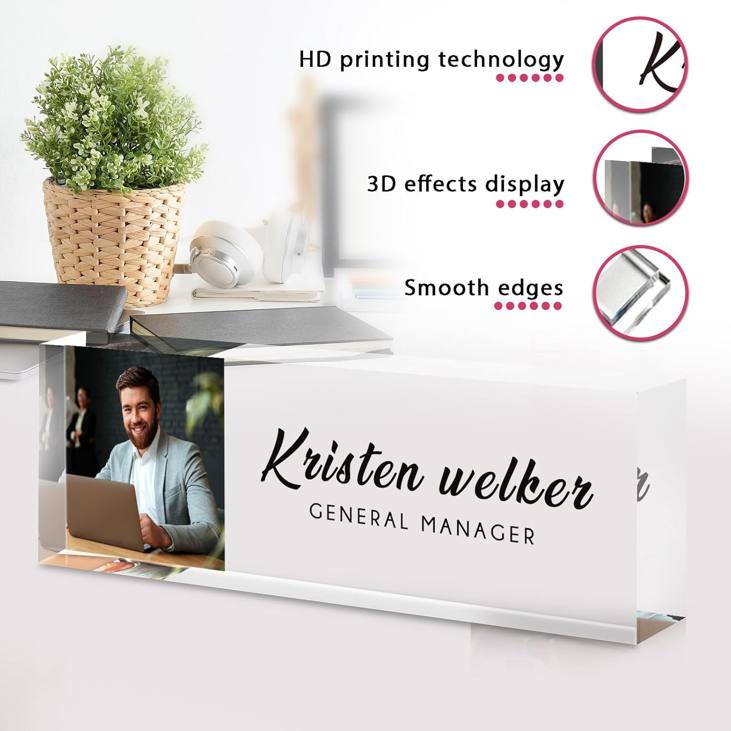 Personalized Name Plate for Desk - Custom Engraved Name Plates for Man - Boss Day Gifts for Boss - Acrylic Office Decor Appreciation Gifts for Teacher Nurse Coworker Social Worker (Colorful Photo)