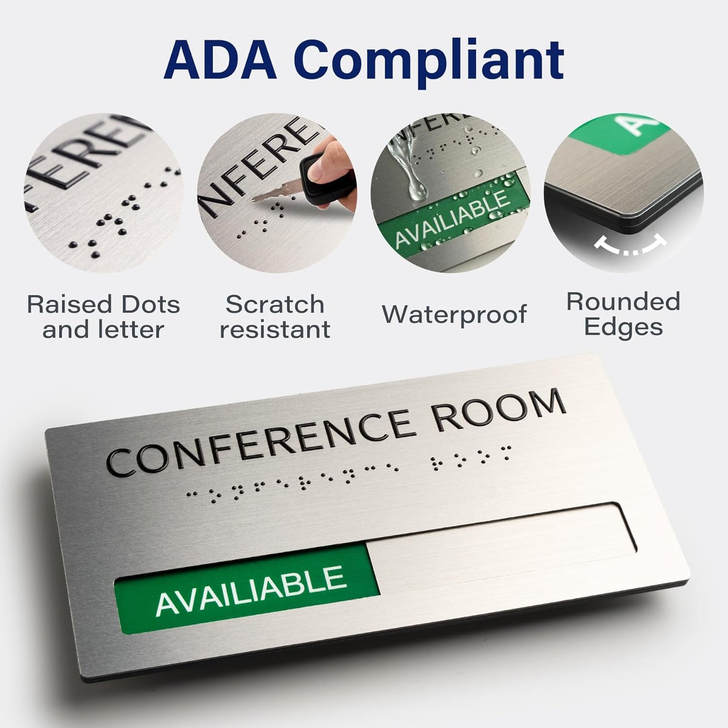 Conference Room Office Door Signs Do Not Disturb, In Use/Available Slider Sign with Raised Text & Grade 2 Braille, Conference Vacant Occupied Sign Brushed Aluminum/Silver