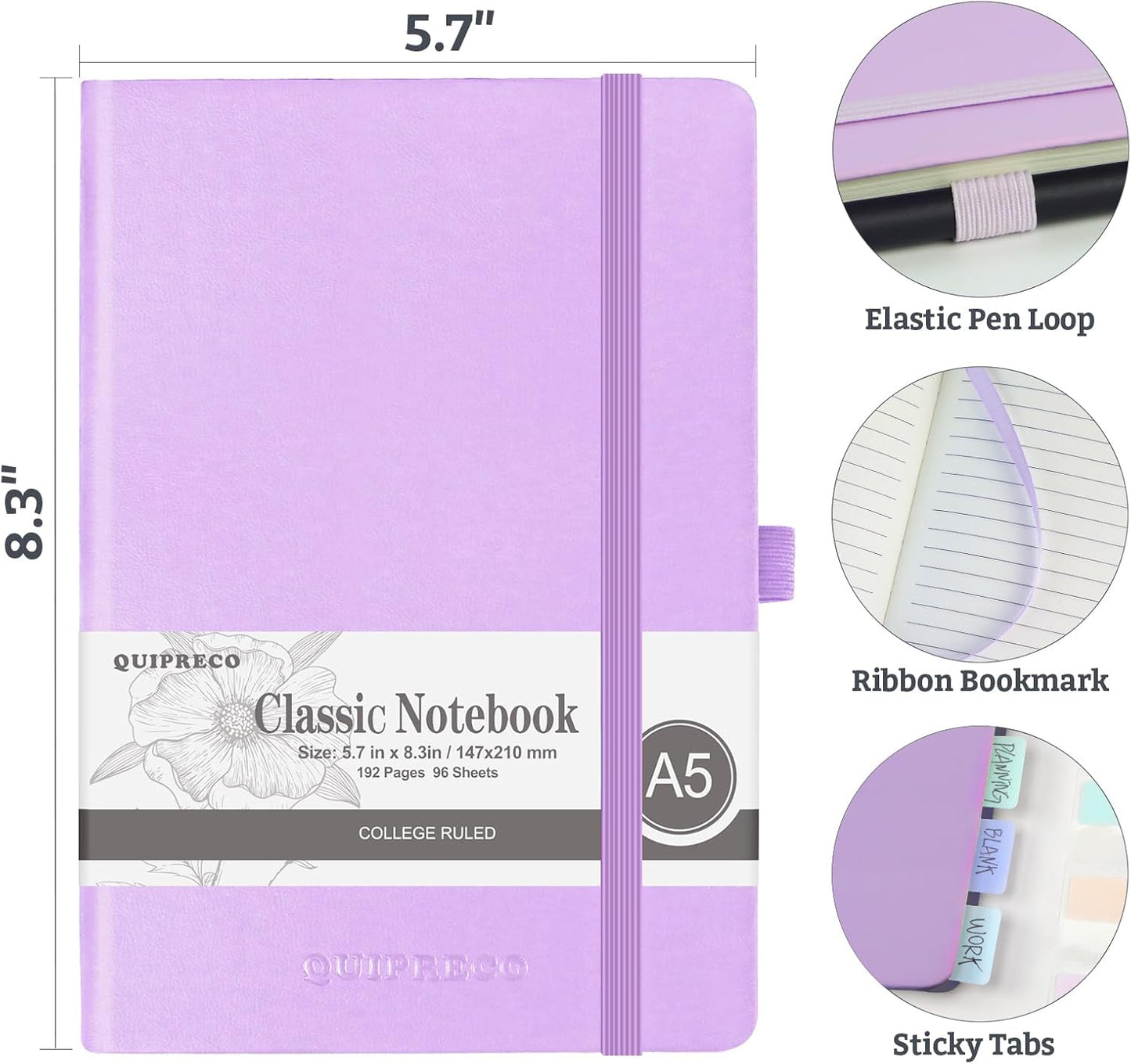 Hardcover Lined Bullet Dotted Journal Notebook, A5 140 192 Pages 100 120Gsm Paper College ruled for School,Work,Travel,and Daily Planning，5.7''*8.3'' (12, Lavender, A5 Lined)