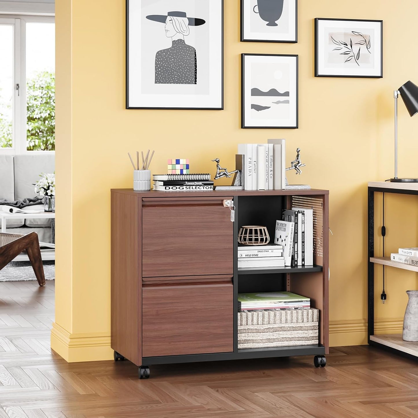 2 Drawer Mobile File Cabinet,Metal File Cabinet with Lock，Lateral Printer Stand Filling Storage Cabinet for Home Office-A4/F4/Letter（Wood