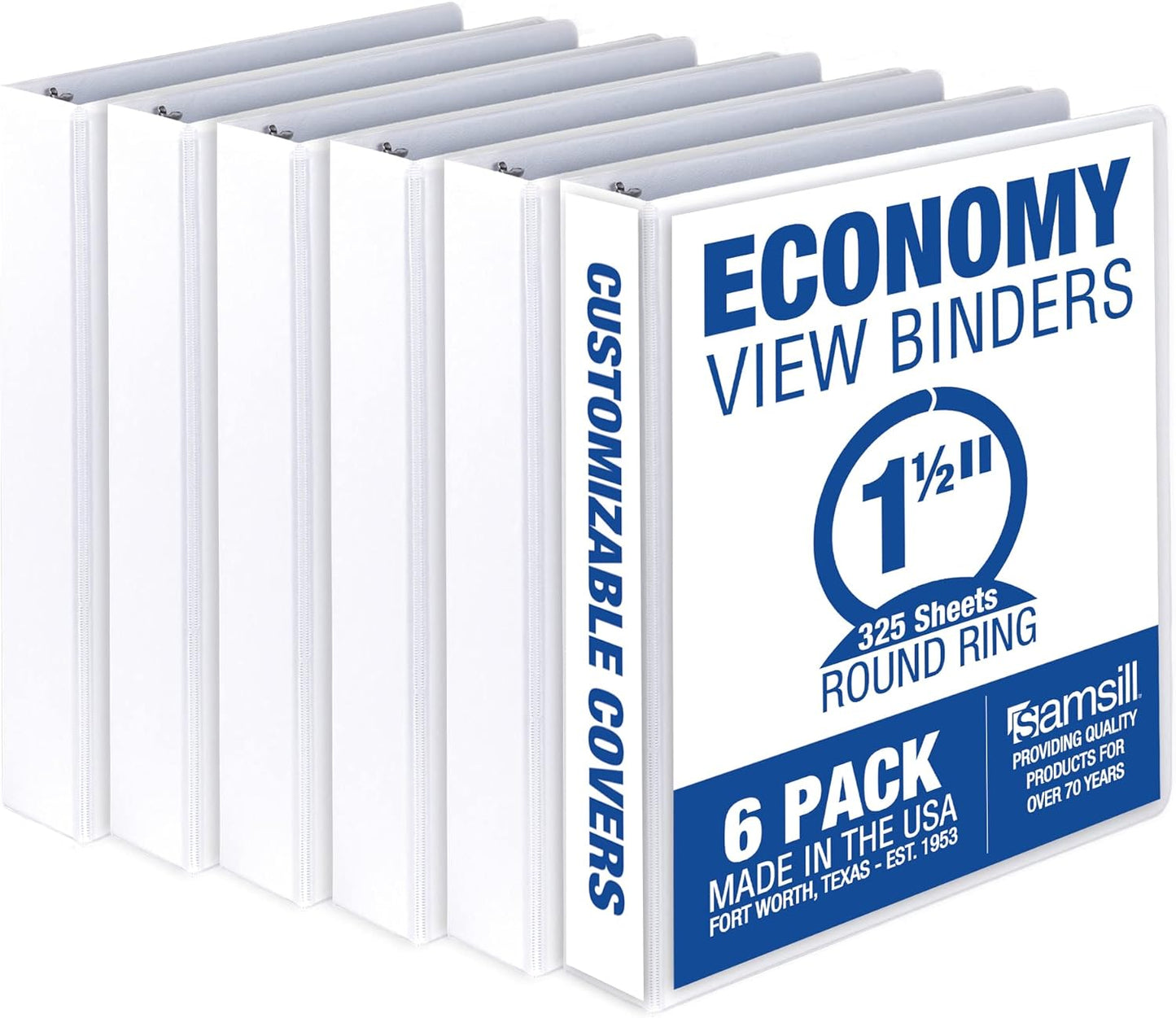 Samsill 1.5 Inch 3 Ring Binders, Made in USA, Economy Round Ring, Clear View Cover, 325 Sheet Capacity - for School, Home, Office - White, 6 Pack