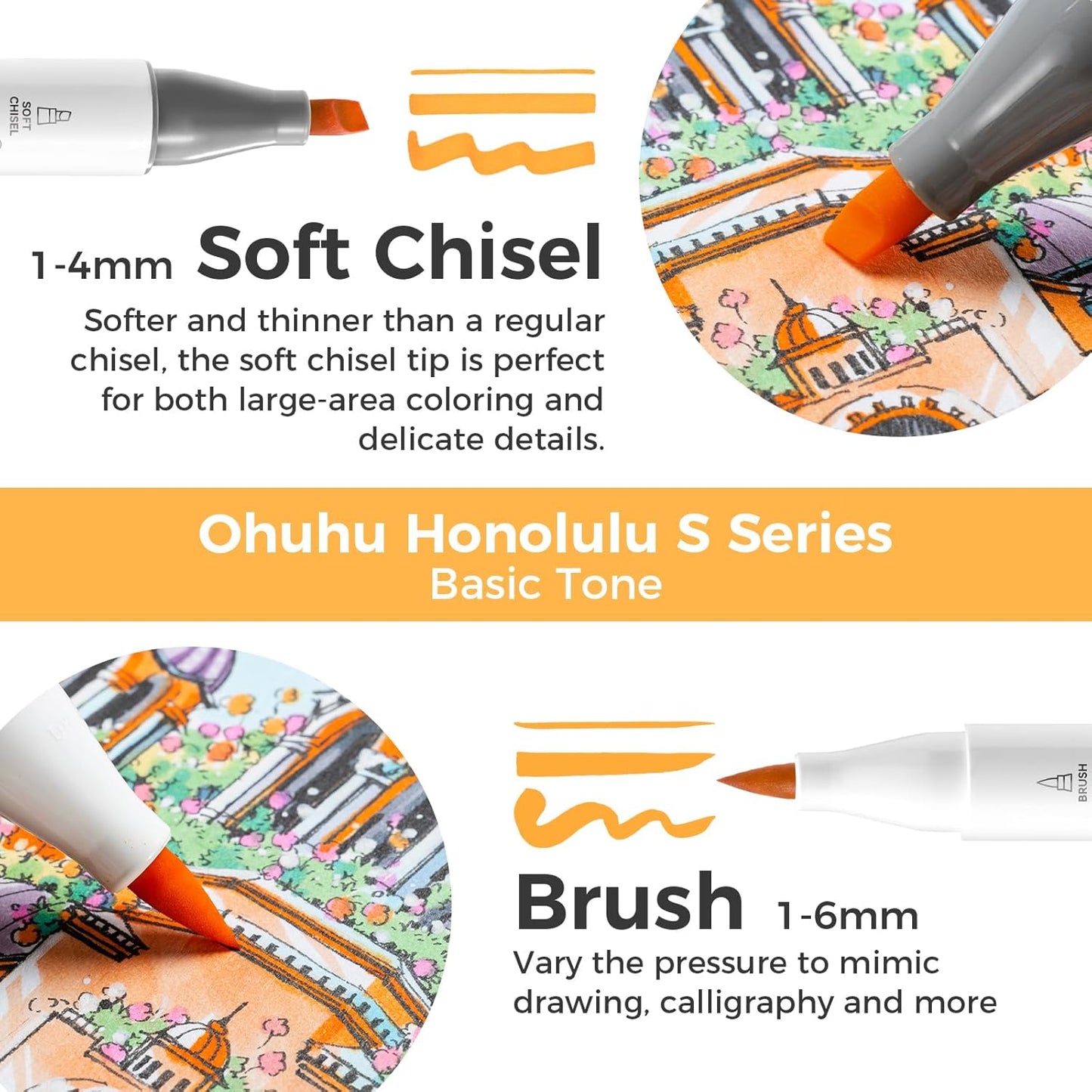 Ohuhu Alcohol Markers: Soft Chisel Red Dot Design Award Winner 48-color Brush & Soft Chisel Dual Tips Drawing Markers for Artists Beginners Adults Coloring Illustration Sketching - Honolulu S
