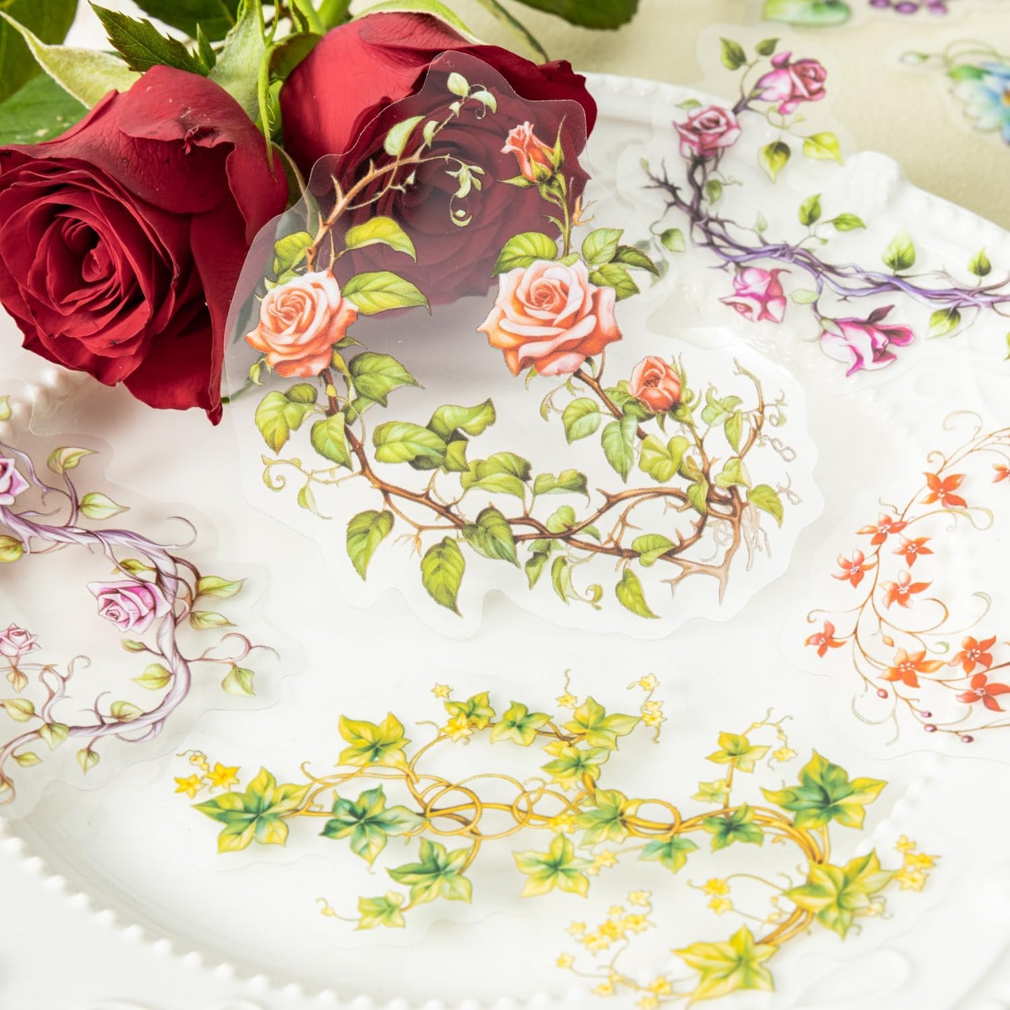 Floral Vine PET Stickers, 120 Pcs Large Botanical Ephemera for Scrapbooking, Journaling, DIY Crafting, and Art Supplies