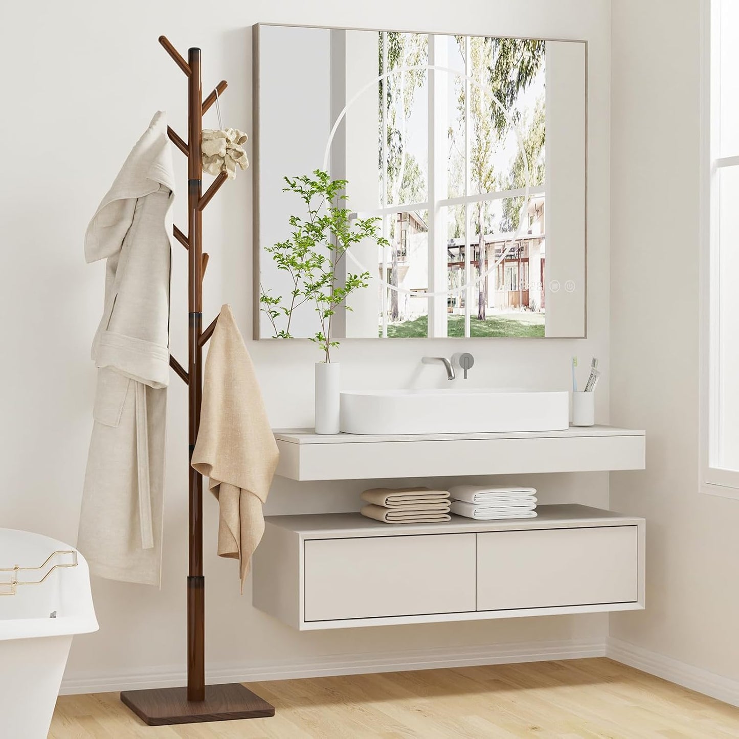 Coat Rack Freestanding with Stable Square Base, Entryway Furniture with 3 Adjustable Sizes and 8 Hooks, Used in Bedroom, Office and Hallway, Brown