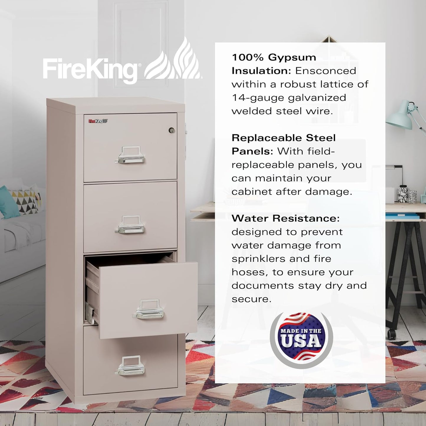 Fireking Fireproof Vertical File Cabinet (4 Letter Sized Drawers, Impact Resistant, Water Resistant), 52.25" H x 17.75" W x 25.06" D, Platinum