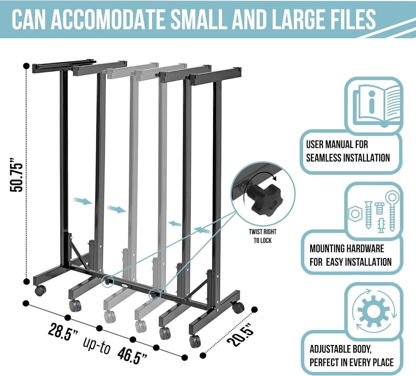 Adir Mobile Blueprint Storage Rack - Adjustable Mobile Blueprint Holder, Vertical Architect Drawing Rack with Wheels, Poster Rack Display, Construction Plans Holder (Without Blueprint Clamps)