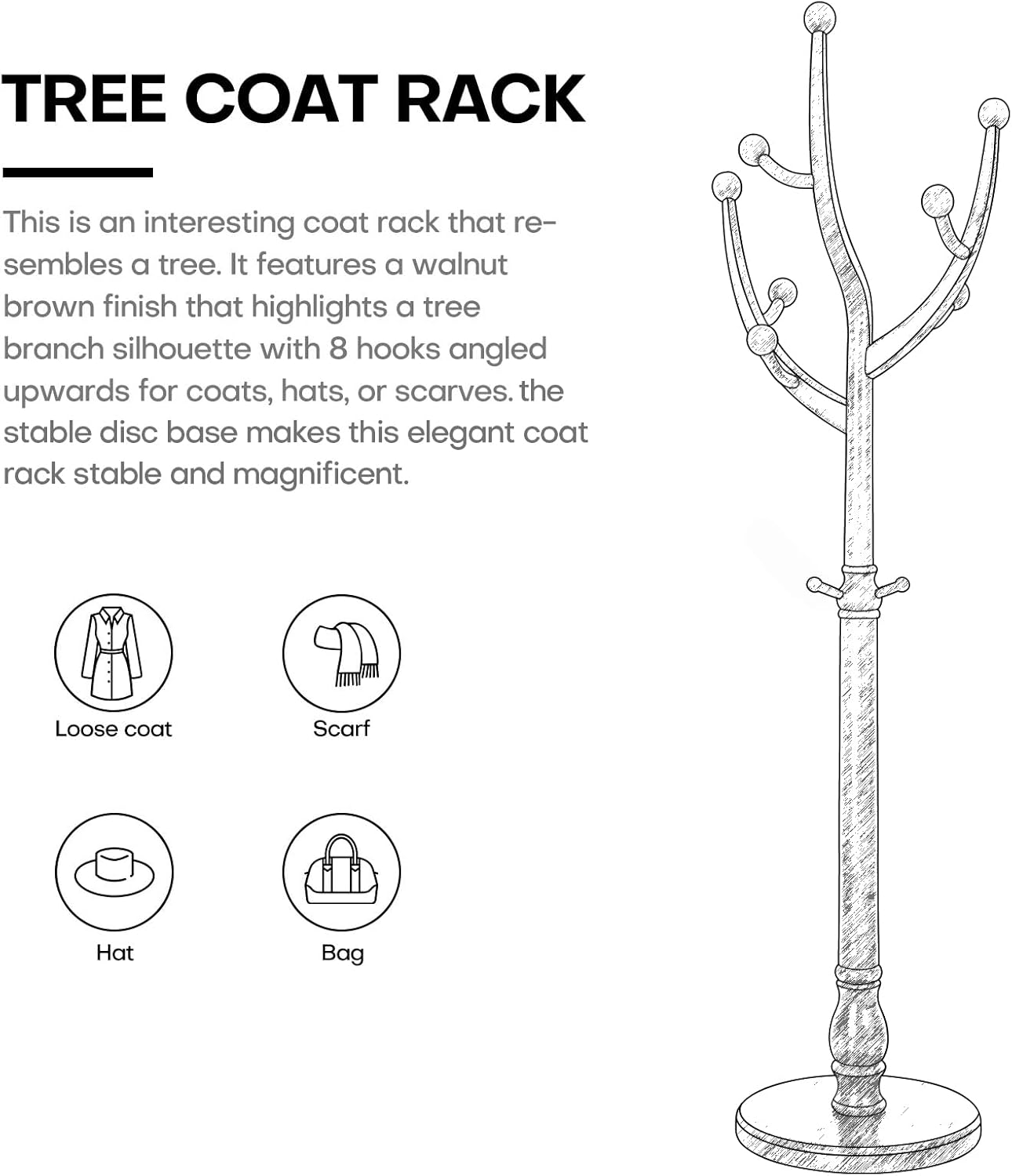 Coat Rack Freestanding Coat Tree with Sturdy Round Base, Unique Coat Hanger Stand, Heavy Duty Standing Coat Rack Clothes Stand for Winter Jacket, Hat, Entryway/Hallway/Bedroom, Walnut