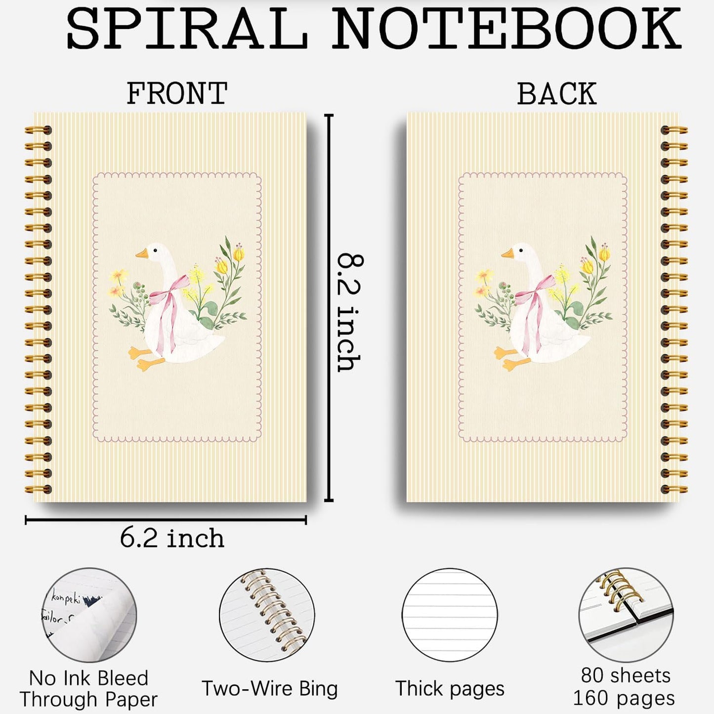 Guymn Light Beige Floral Goose Notebook, Preppy Pink Bow Goose Journal for Kids Girls, Geese Animal Lover Gifts Hardcover Spiral Notebooks Journals 5.5x8.3 Inch