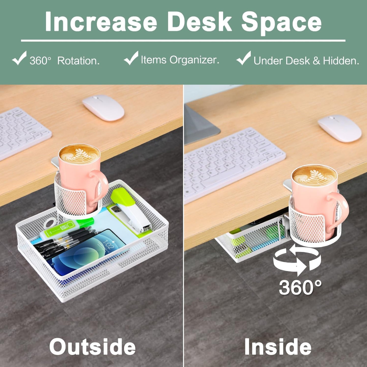 ROSYLINE 360°rotation under desk drawer, Drawer Under Desk Storage Organizer, Rotary Desk Storage Organizer with Cup Holder, Under Desk Storage, Clamp Drawer Basket, sturdy and durable (White)