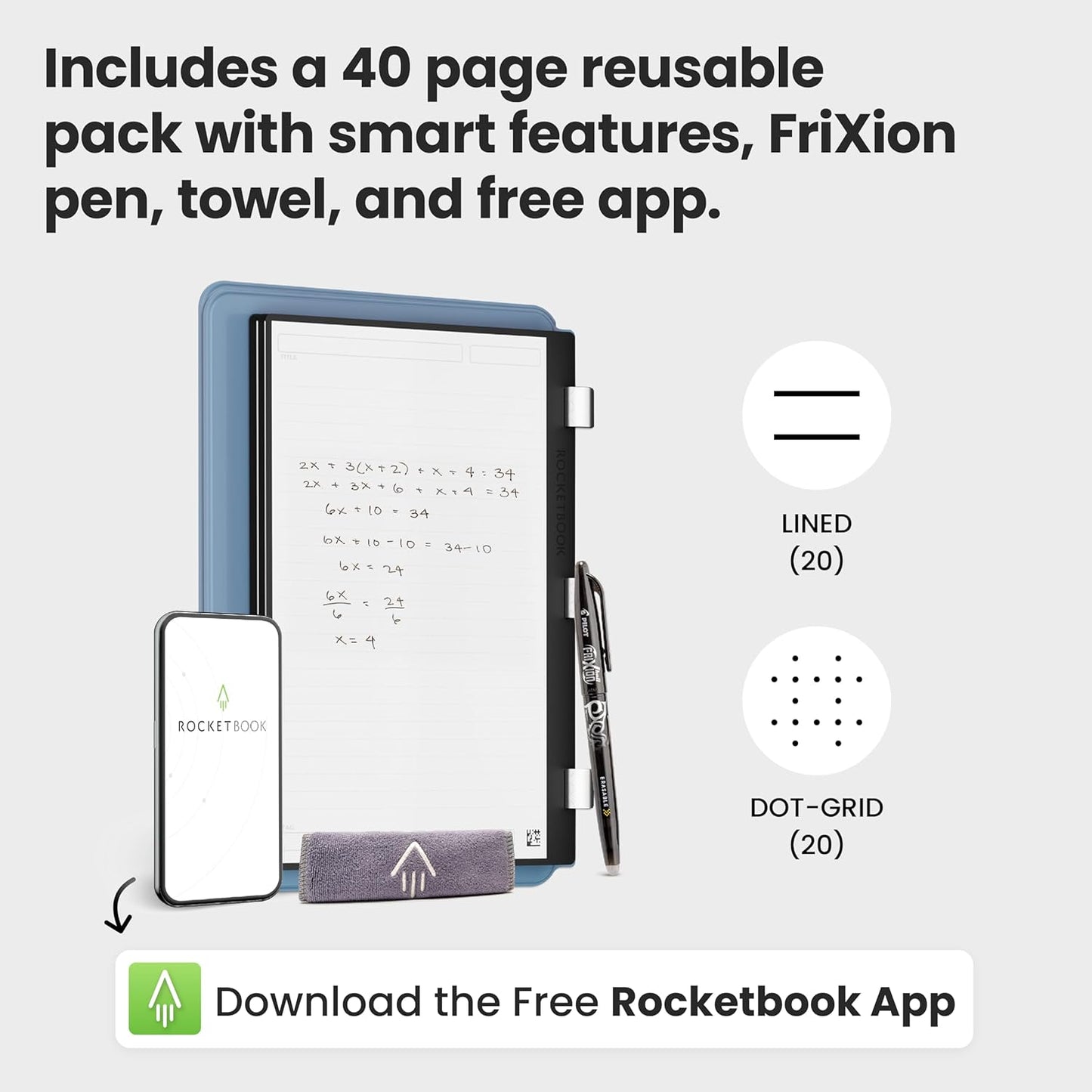 Rocketbook Pro 2.0 Reusable Professional Smart Notebook, Letter Size 8.5x11, Steel Blue - Lined & Dot Grid Pages, App-Connected, Erasable, Premium Cover, Ideal for Work Notes and Business Meetings