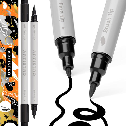 ARTISTRO 2 Black Dual-Tip Acrylic Paint Pens - Multisurface Markers for Fabric, Plastic, & More, 1 mm Fine & Brush Tips