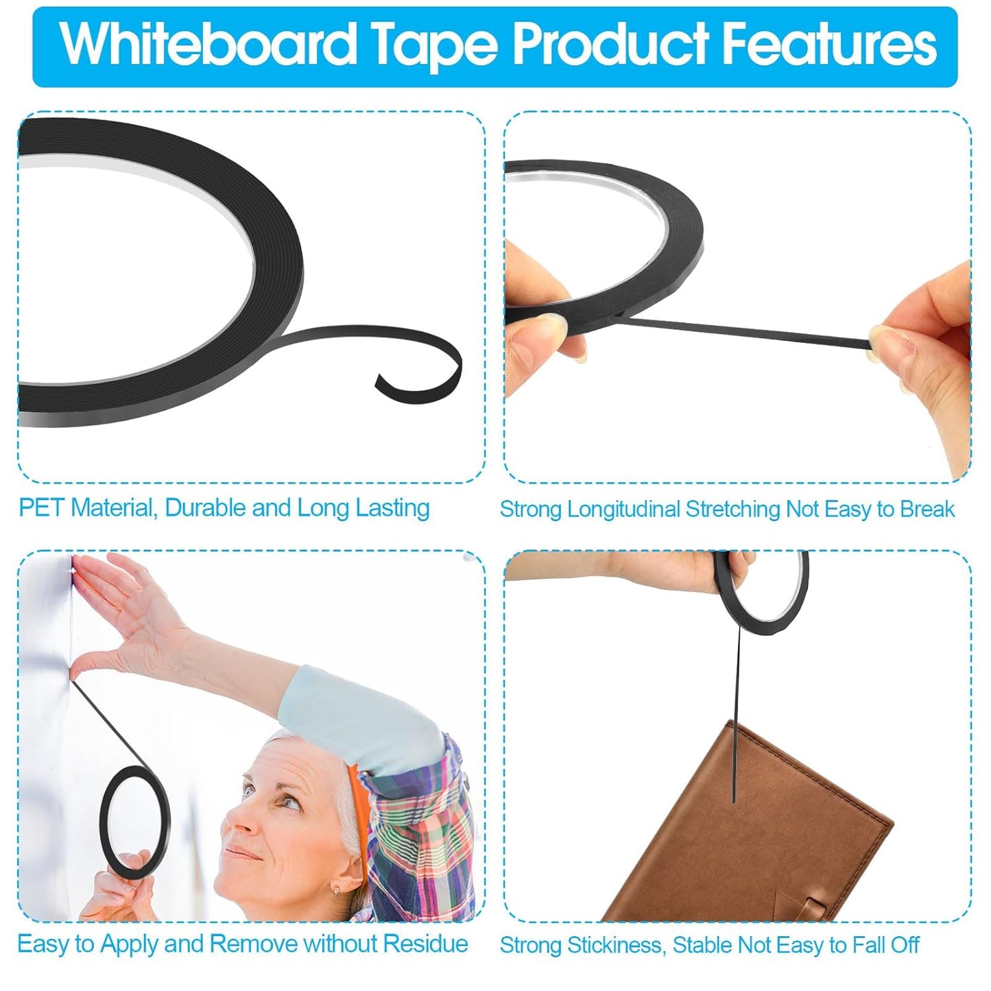 Whiteboard Tape, 16 Rolls 1/8 inch Pinstripe Tape Dry Erase Tape White Board Pinstriping Tape Line, Thin Black Draping Tape 164 Feet Per Roll, Dry Erase and White Board Accessories, Chart Tape