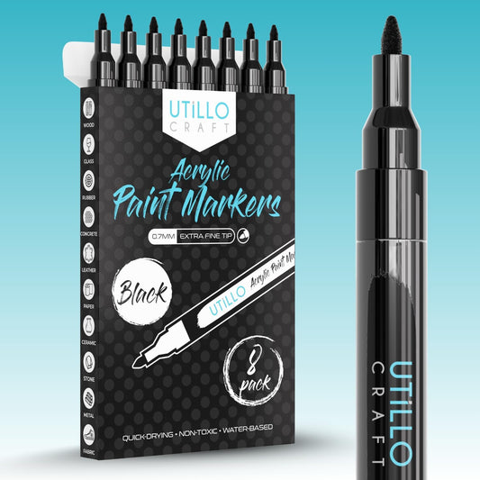 Utillo Craft Black Extra Fine Paint Pens (8-Pack) - 0.7mm Precision-Manufactured Japanese Tip - Quick-Drying, Permanent, Waterproof - For Stone, Wood, Glass, Paper, Fabric, Canvas, Metal & More