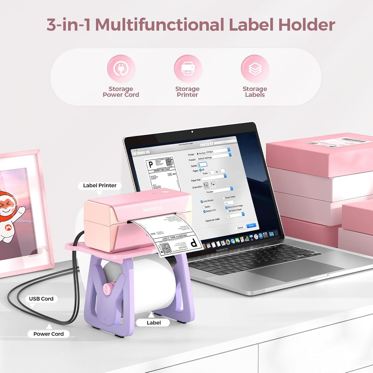 MUNBYN Label Holder for Rolls and Fanfold Labels, Thermal Sticker Holder for Desktop Thermal Printer, Accessory Supplies for Home, Office, Small Business