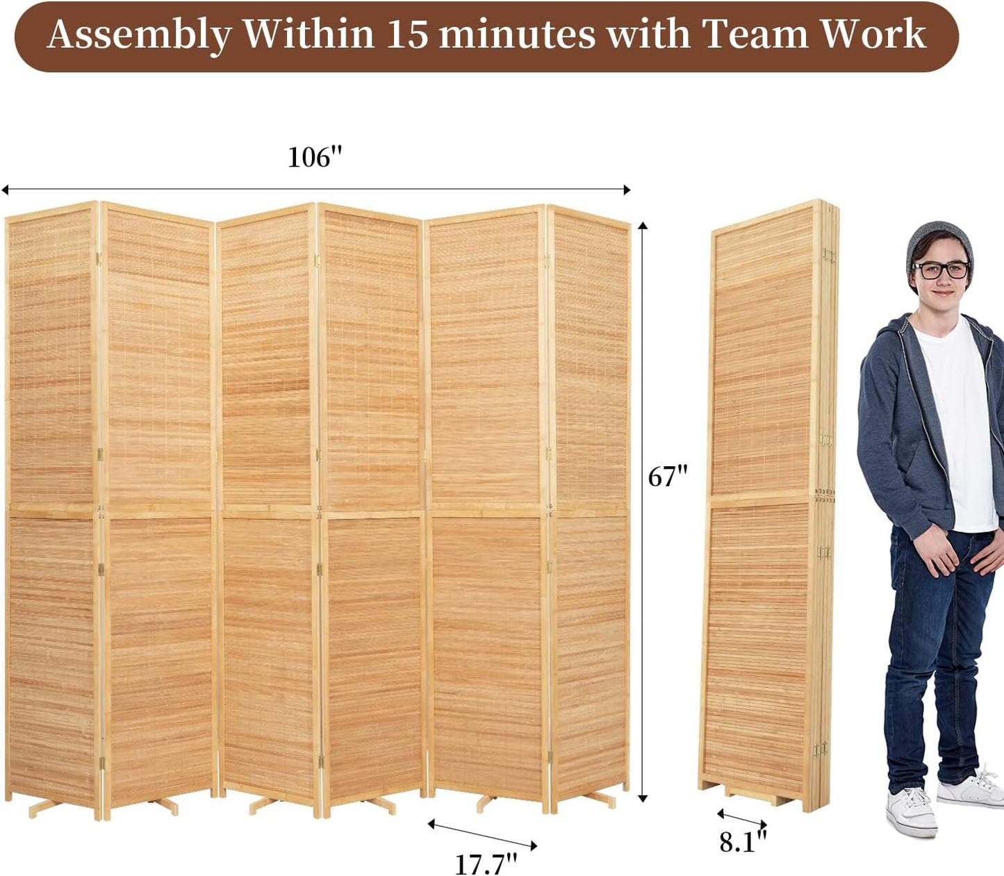 Bamboo Room Divider 6 Panel Wall Divider, 106'' W x 67'' H Folding Design with Extra Stable Base, 100% Bamboo Room Divider Screen for Room Separation, Chinese Room Partitions and Dividers Freestanding