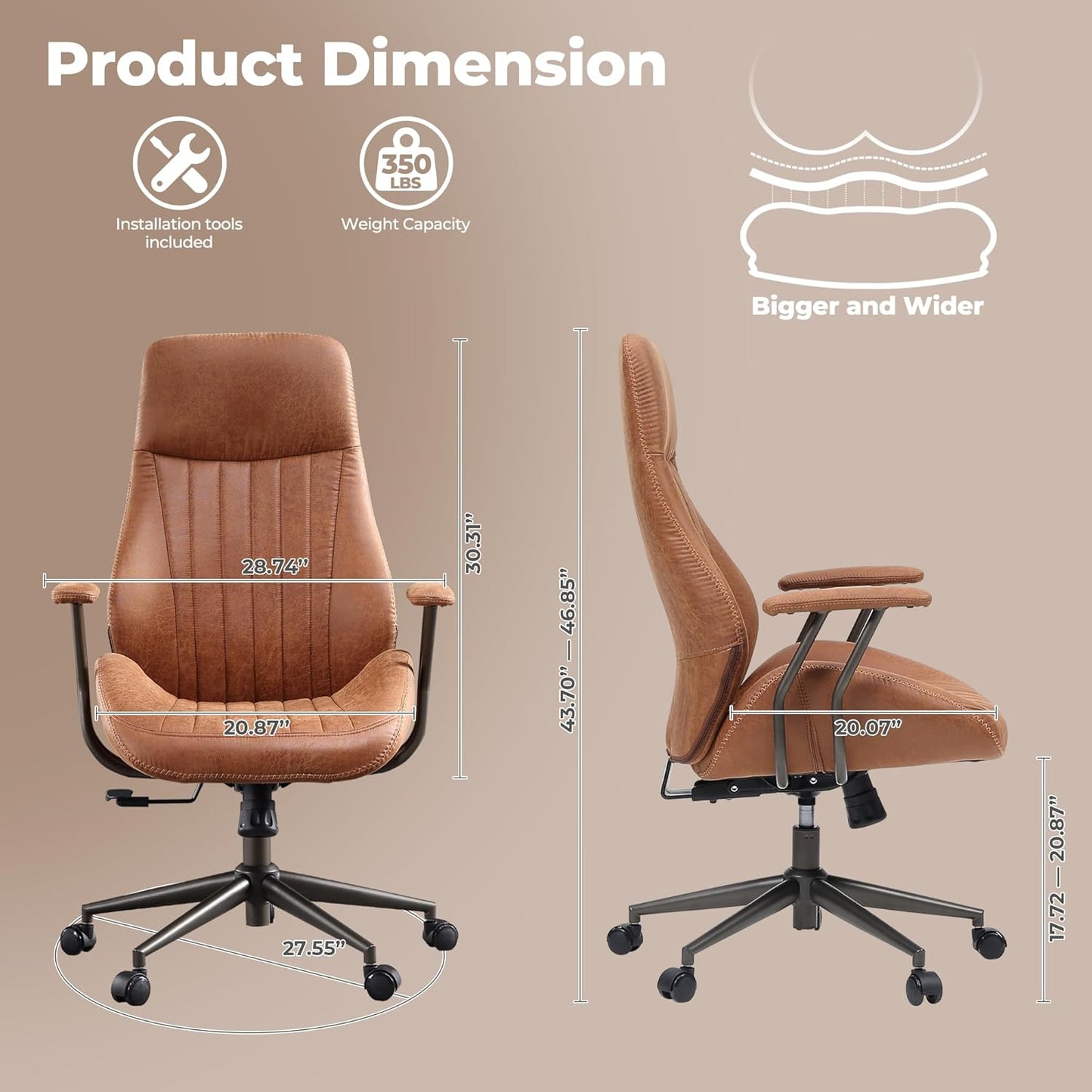 ovios Ergonomic Home Office Chair, Mid-Century Modern Faux Leather Chairs with Padded Armrests, Comfy High Back Swivel Rolling Executive Computer Armchair (Brown, Suede Leather)