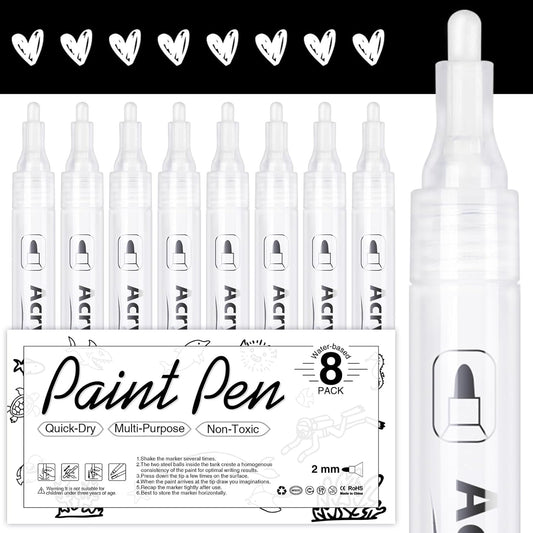 AKARUED White Acrylic Paint Markers, 8 Pack Acrylic White Paint Pen Sets for Rock Painting, Wood, Stone, Glass, Ceramic, Paper, Drawing, Art Projects, DIY Crafts, Water-Based ink, 2-3mm Medium Tip